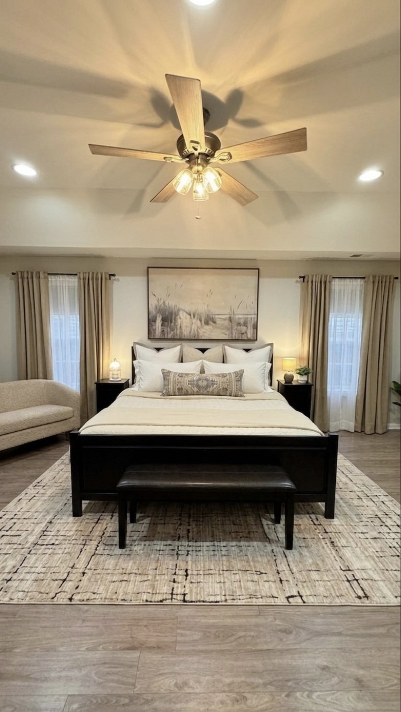 Bedroom with black wood bed frame and ceiling fan