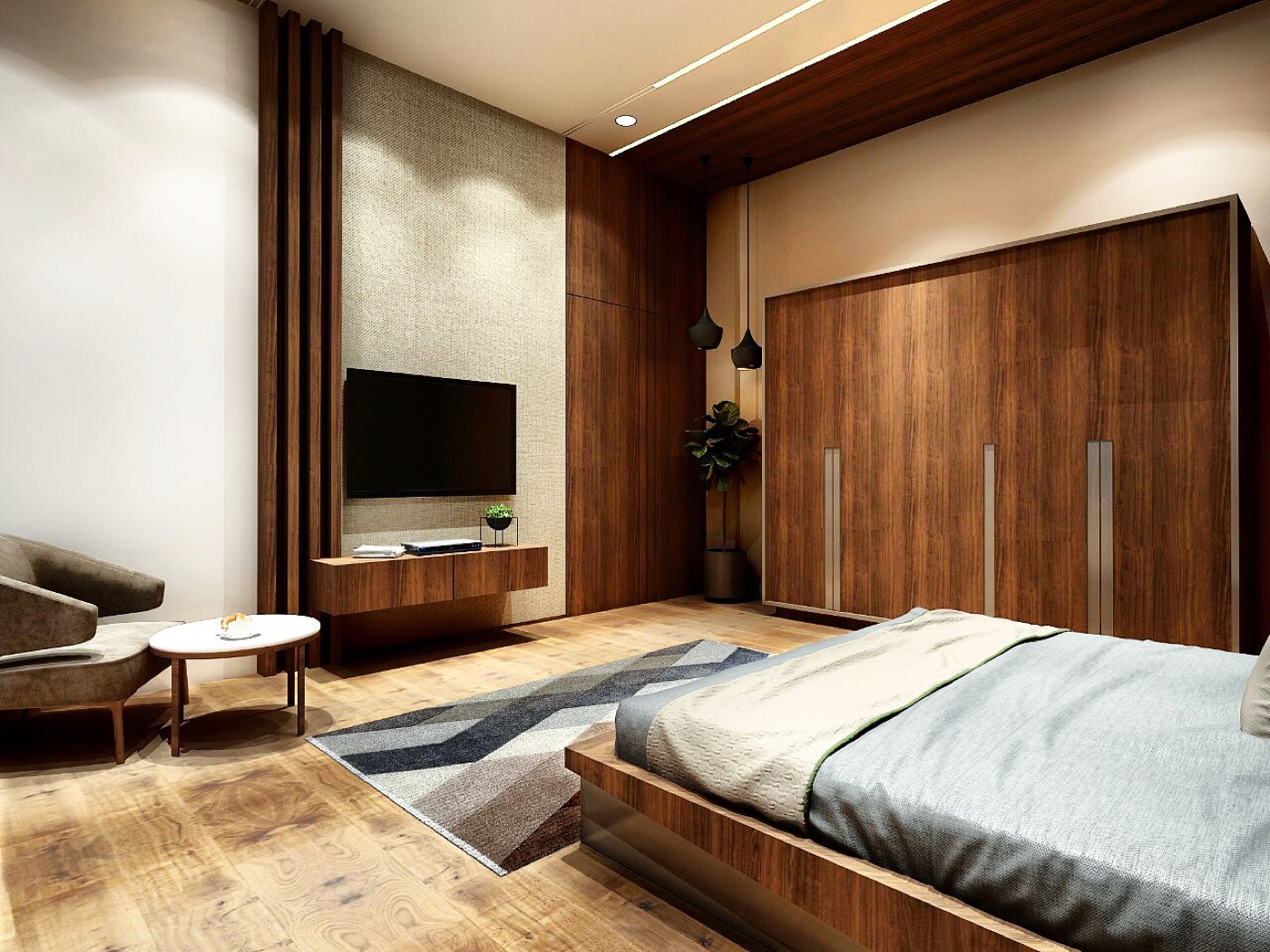 Bedroom suite with walnut millwork and floating media wall