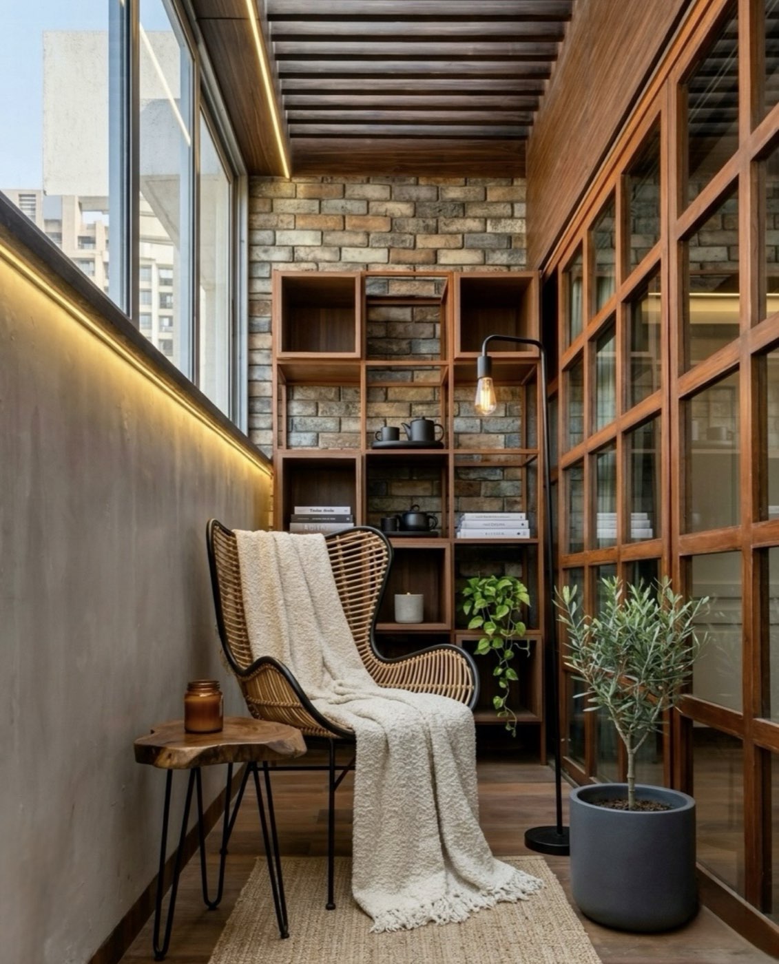 Balcony reading nook with rattan chair and built-in shelving