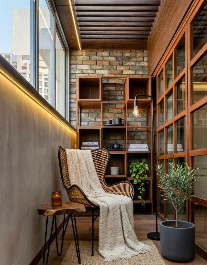 Wood-paneled balcony reading nook with woven rattan chair and built-in shelving