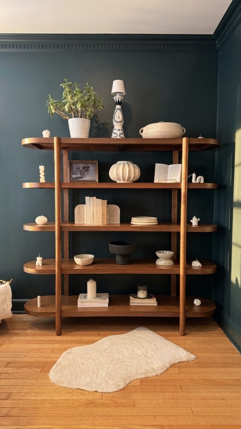 Styled open shelving against a deep teal wall